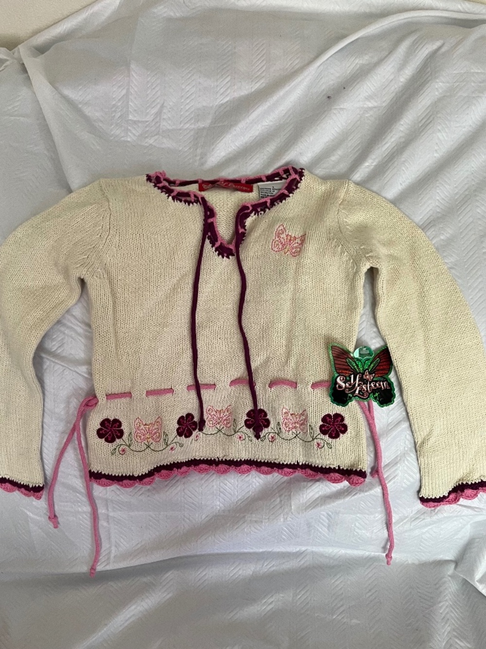 Self Esteem Embroidered Floral & Butterflies Sweater Girls Large NEW